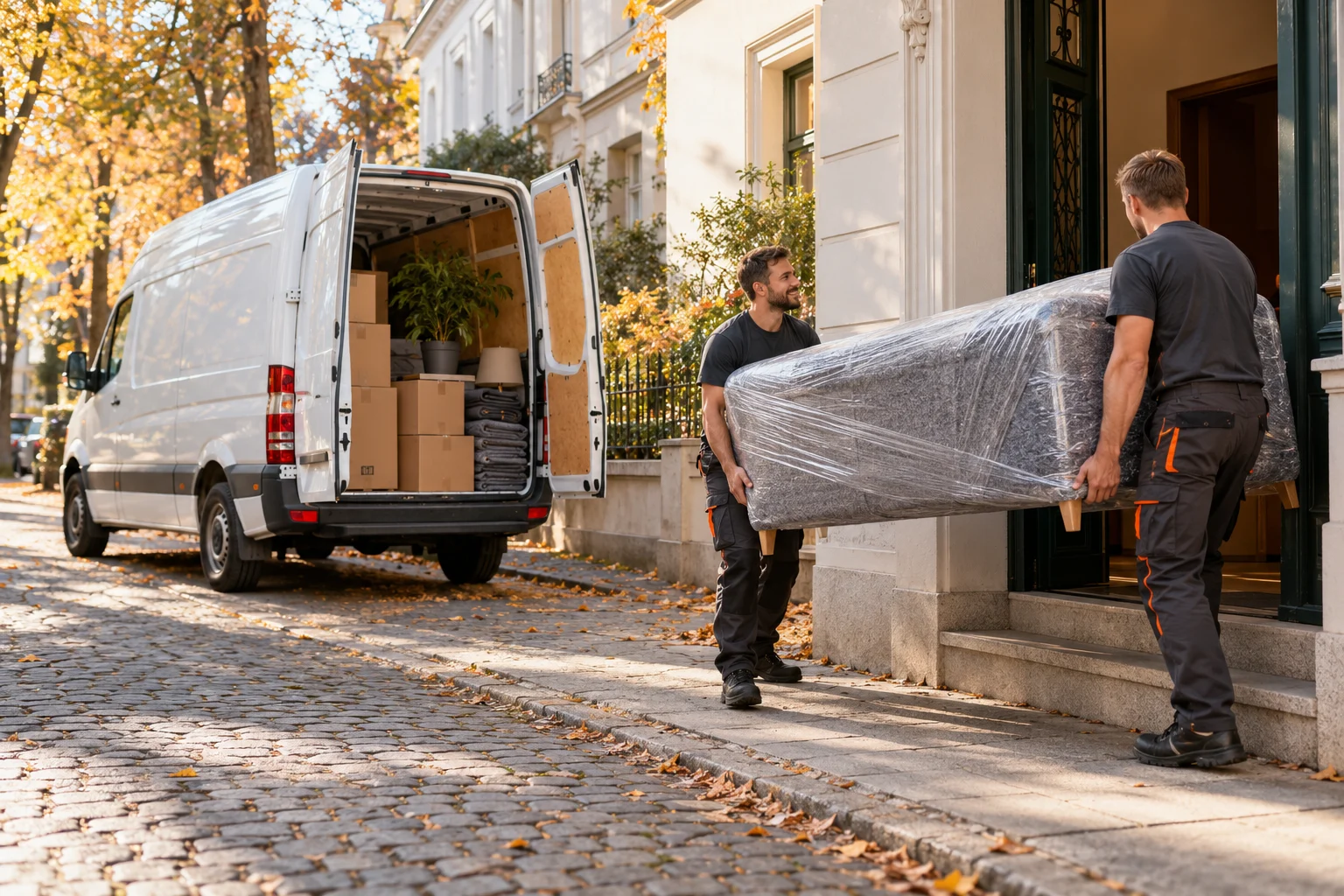 Umzugshelfer tragen ein Sofa neben einem weißen Transporter in Sprinter-Größe
